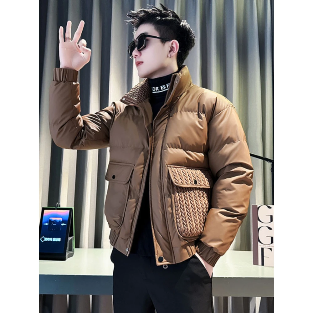 高级感棉服男秋冬季2024新款棉袄潮流冬装加厚外套编织纹保暖棉衣