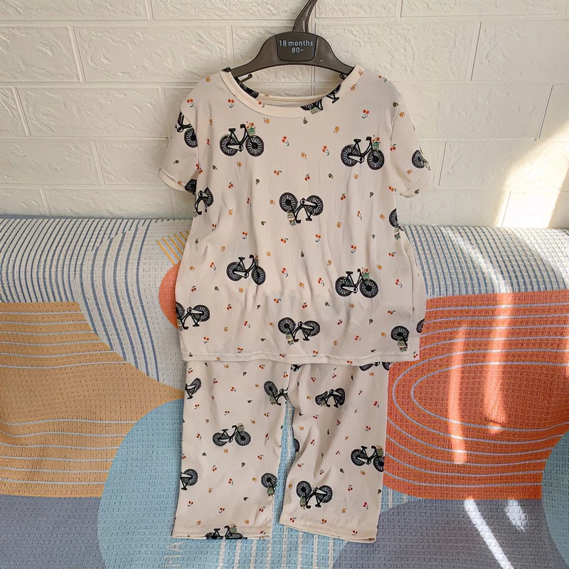 外贸儿童夏季小童女宝男宝满印八分裤套装