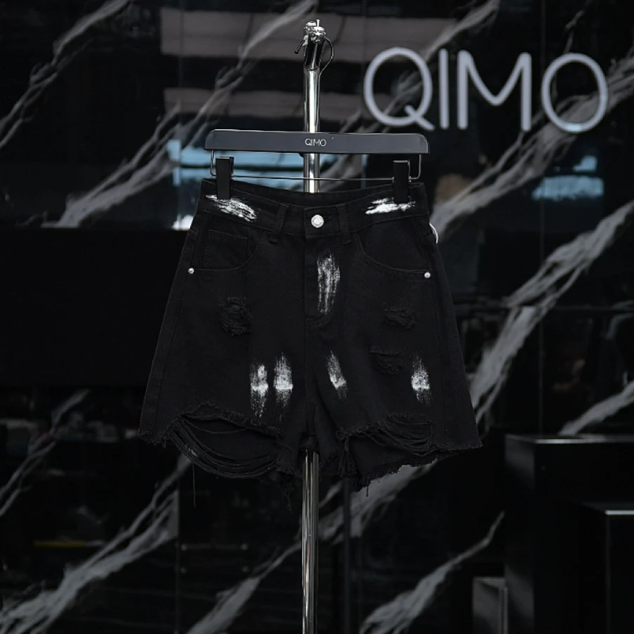 QIMO启茉(A56802#H扎染破洞牛仔短裤)黑色