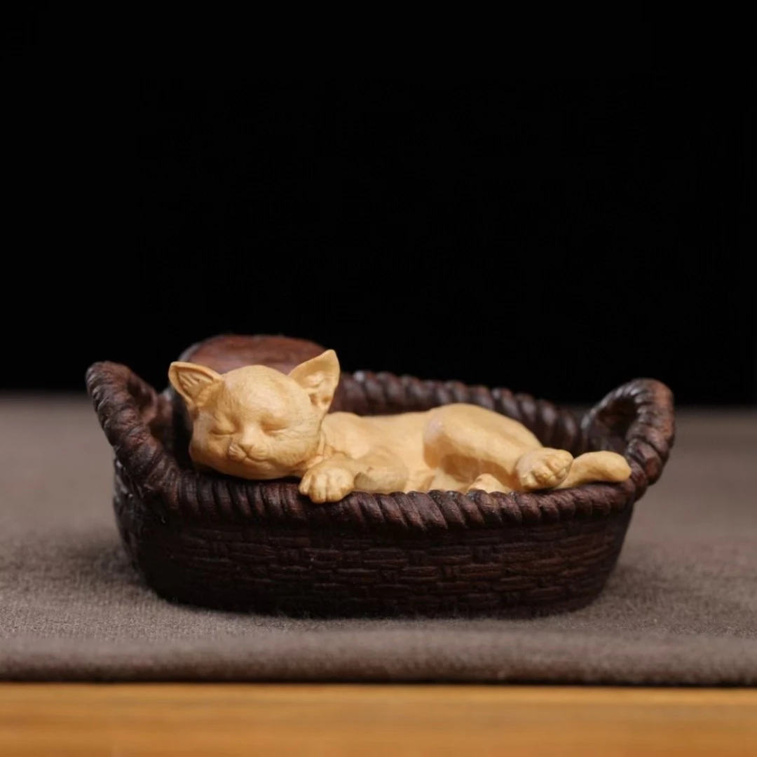猫咪木雕随身盘玩手把件文玩动物创意工艺品车载桌面把玩小品