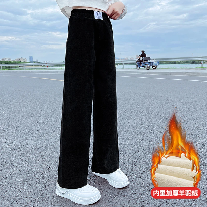 女童裤子秋冬款2024新款洋气大童加厚一体绒冬装加绒阔腿裤卫裤