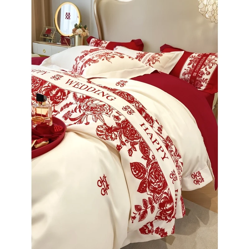 轻奢结婚四件套中式印花高级感红色被套喜庆新婚婚庆陪嫁床上用品