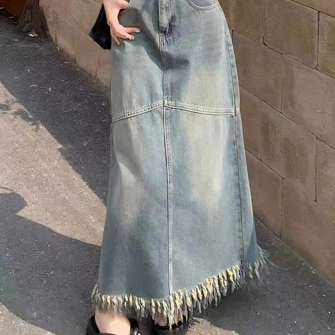 一诺家时尚百搭高腰牛仔开叉流苏裙牛仔裤显瘦春夏不规则包臀