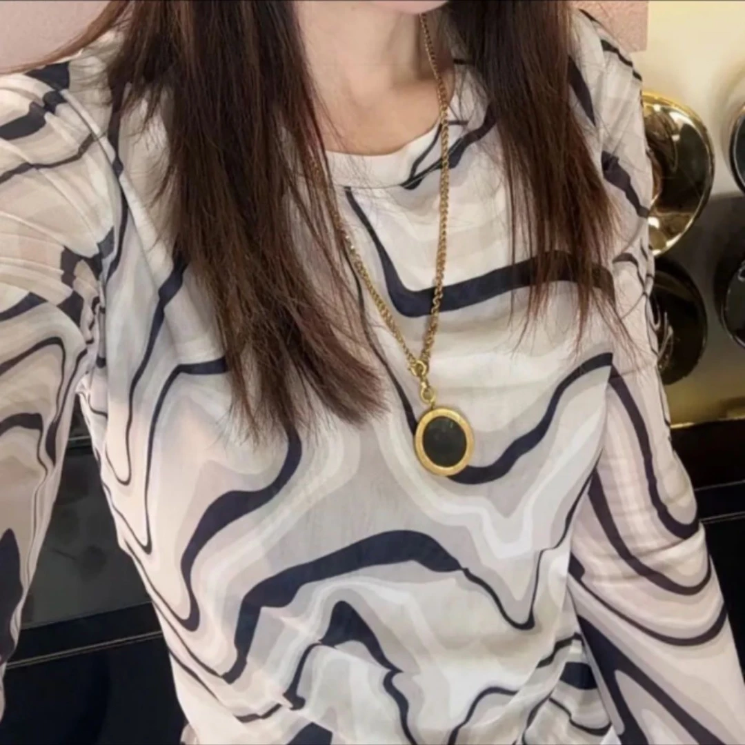 双层网纱 秋季新款复古印花气质上衣女时尚百搭长袖打底衫女1210