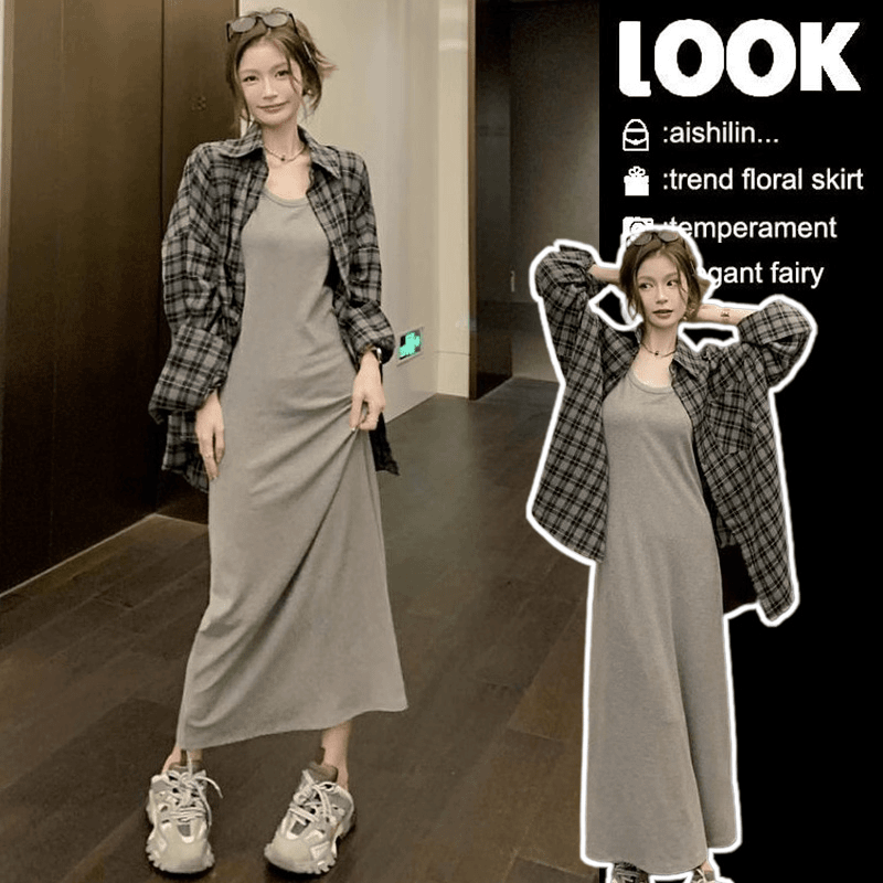 2024新款早秋春高级感休闲百搭格子开衫吊带裙两件套连衣裙孕妇装