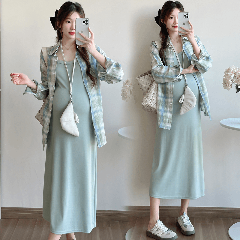 孕妇连衣裙套装新款早秋百搭休闲气质吊带连衣裙+格子衬衫两件套