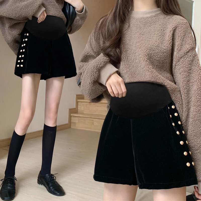 孕妇短裤秋冬外穿丝绒阔腿裤春秋装侧边排扣百搭托腹裤保暖打底裤