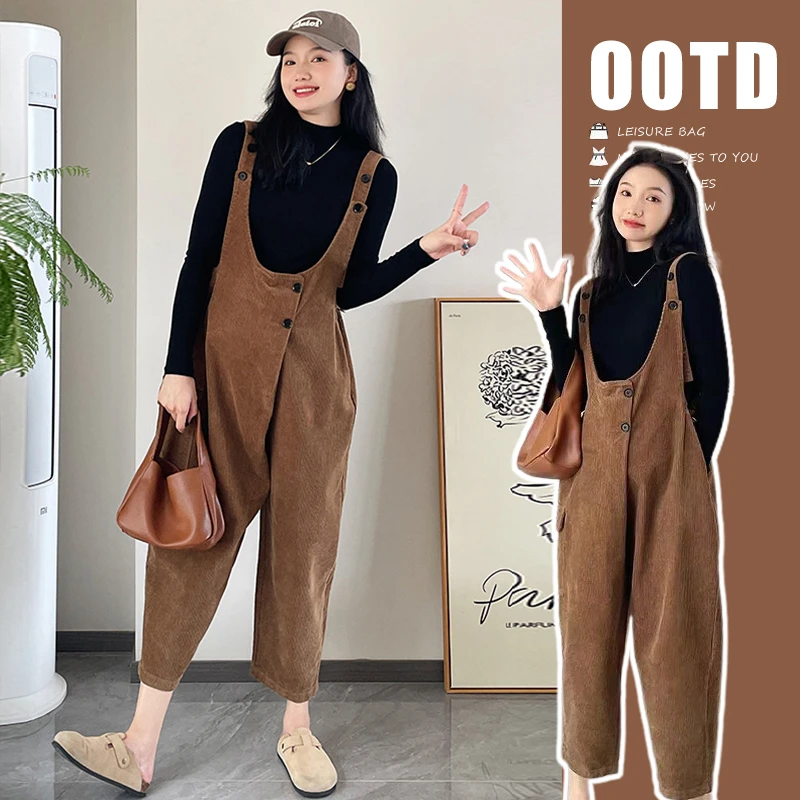 孕妇套装秋冬款2024新款韩版时尚休闲灯芯绒背带裤两件套外穿潮妈