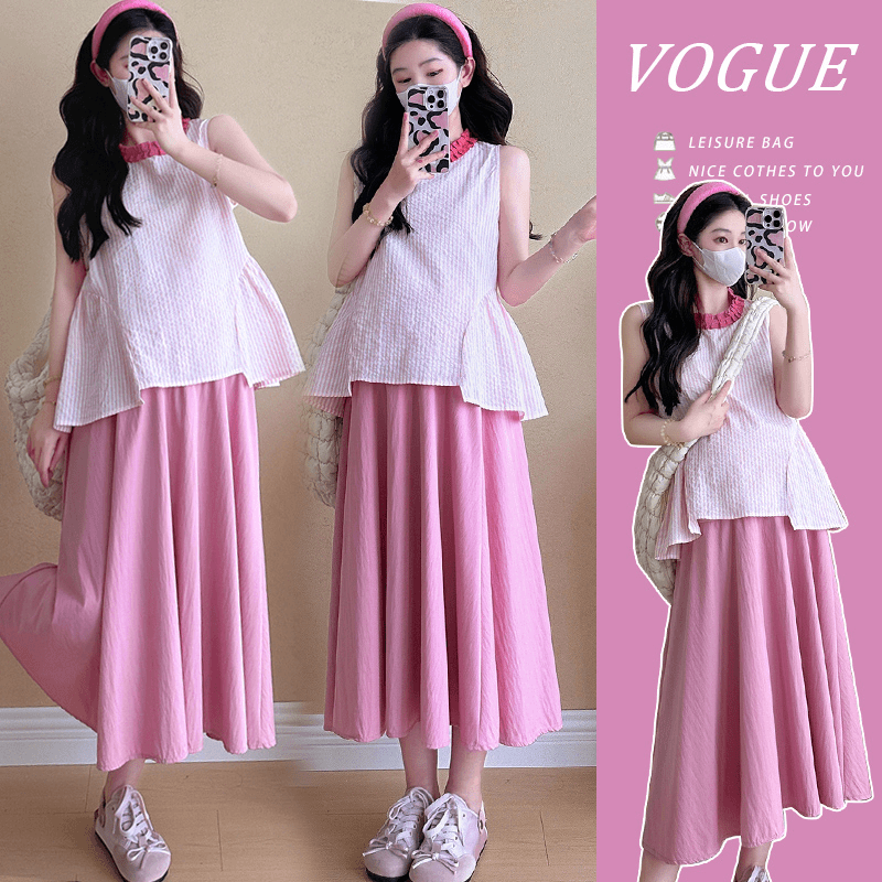 孕妇连衣裙套装夏2024新款粉色宽松条纹薄款无袖上衣半身裙两件套