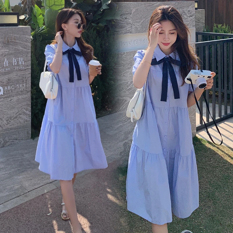 孕妇夏季连衣裙2025新款韩版文艺学院风衬衫裙小个子宽松气质夏装