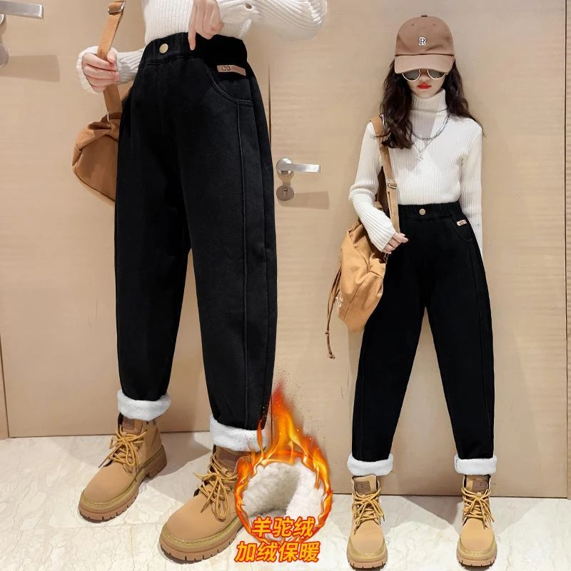 巴拉拉吧女童裤子加绒加厚一体绒冬季棉裤女大童儿童秋冬款一条过