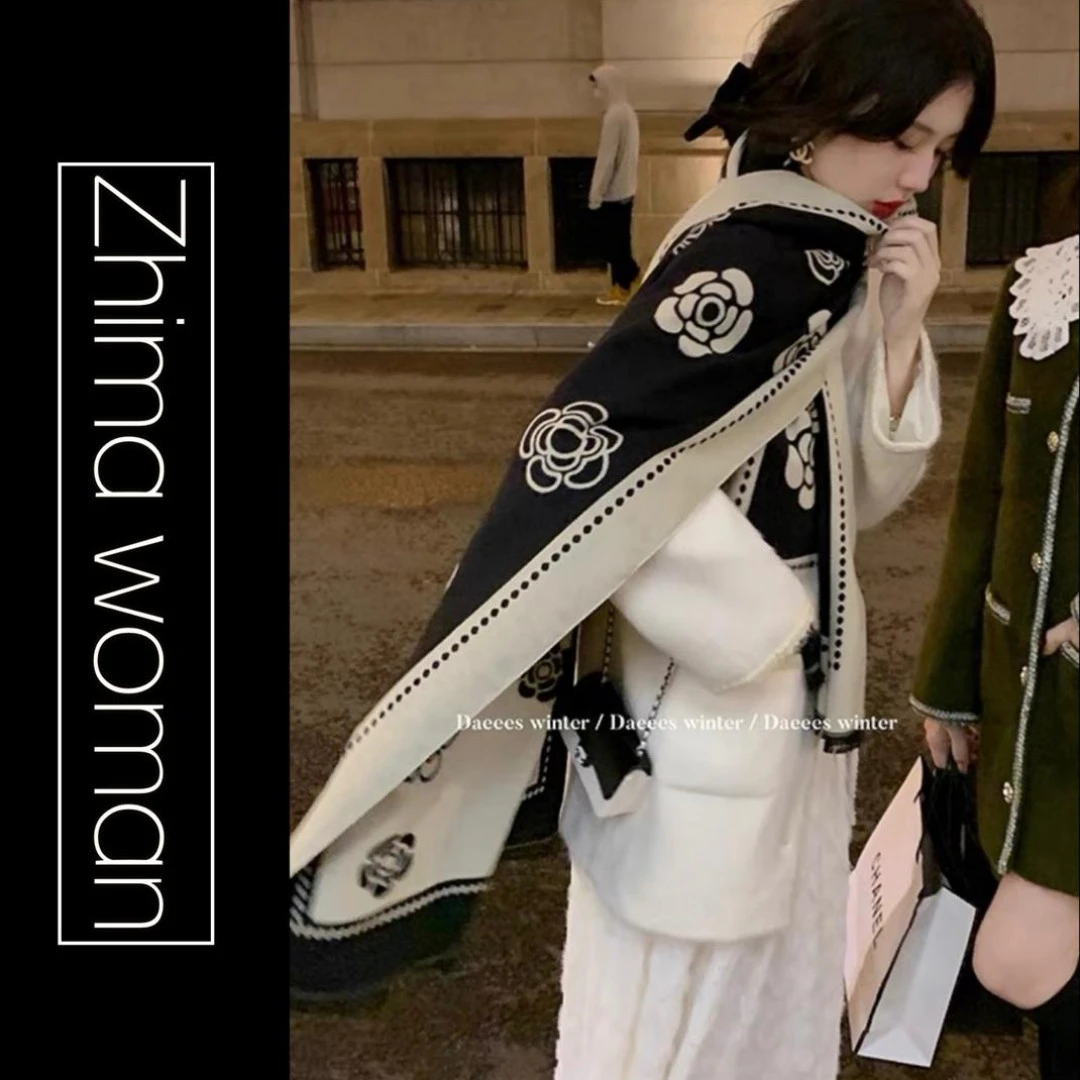 《山茶花》山里的茶花秋冬新款女披肩围巾高克重空调披肩