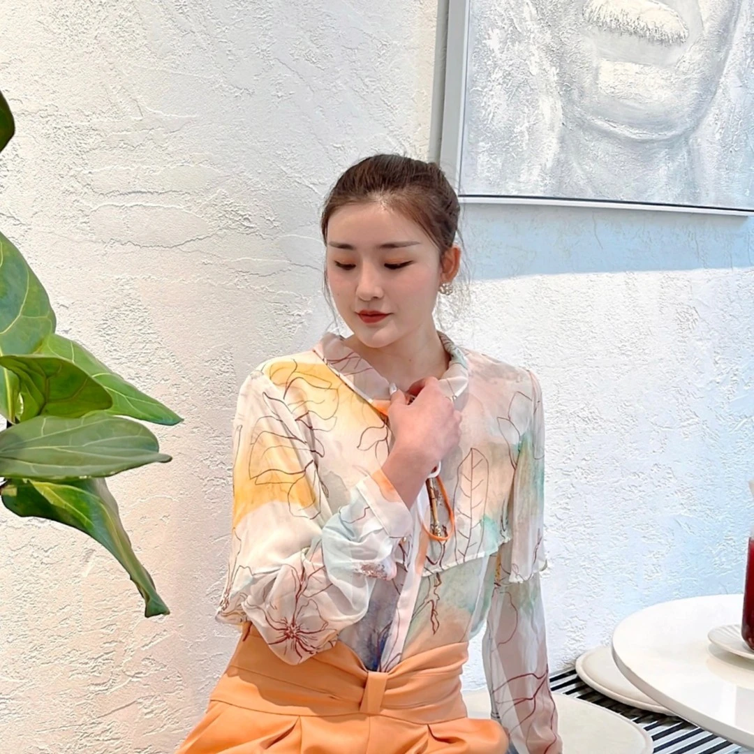 【希椿】休闲度假长袖桑蚕丝衬衫21546208春夏百搭衬衫碎花薄款