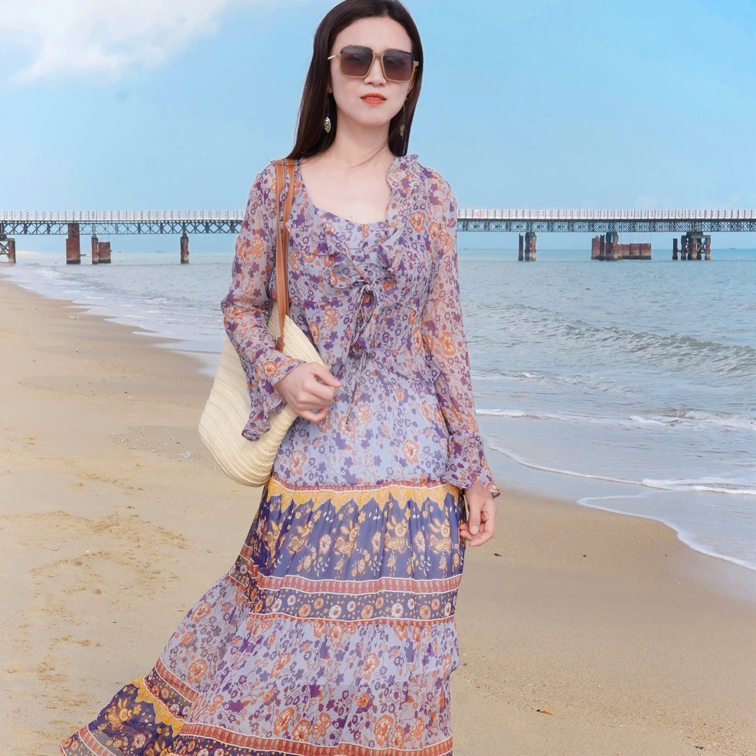 CCHUN希椿50222342夏季女士碎花浪漫吊带长款无袖连衣裙        .