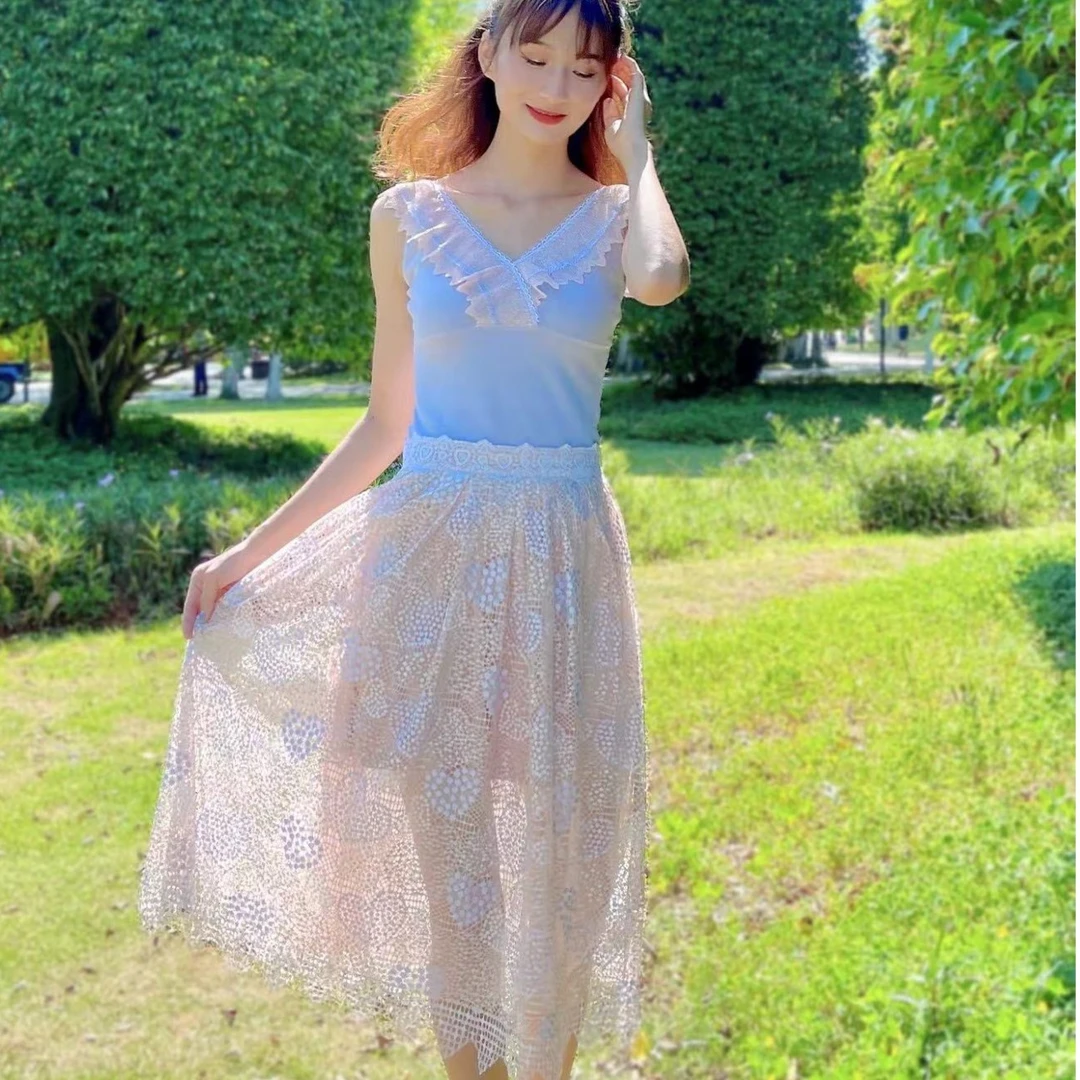 OU.百搭半身裙1212142013时尚气质中长款拼接蕾丝夏季洋气韩版