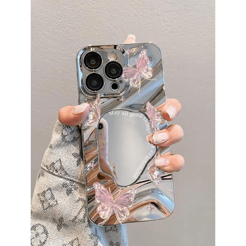 镜面梦幻粉蝴蝶iPhone15promax手机壳苹果14电镀13女款12全包11xr