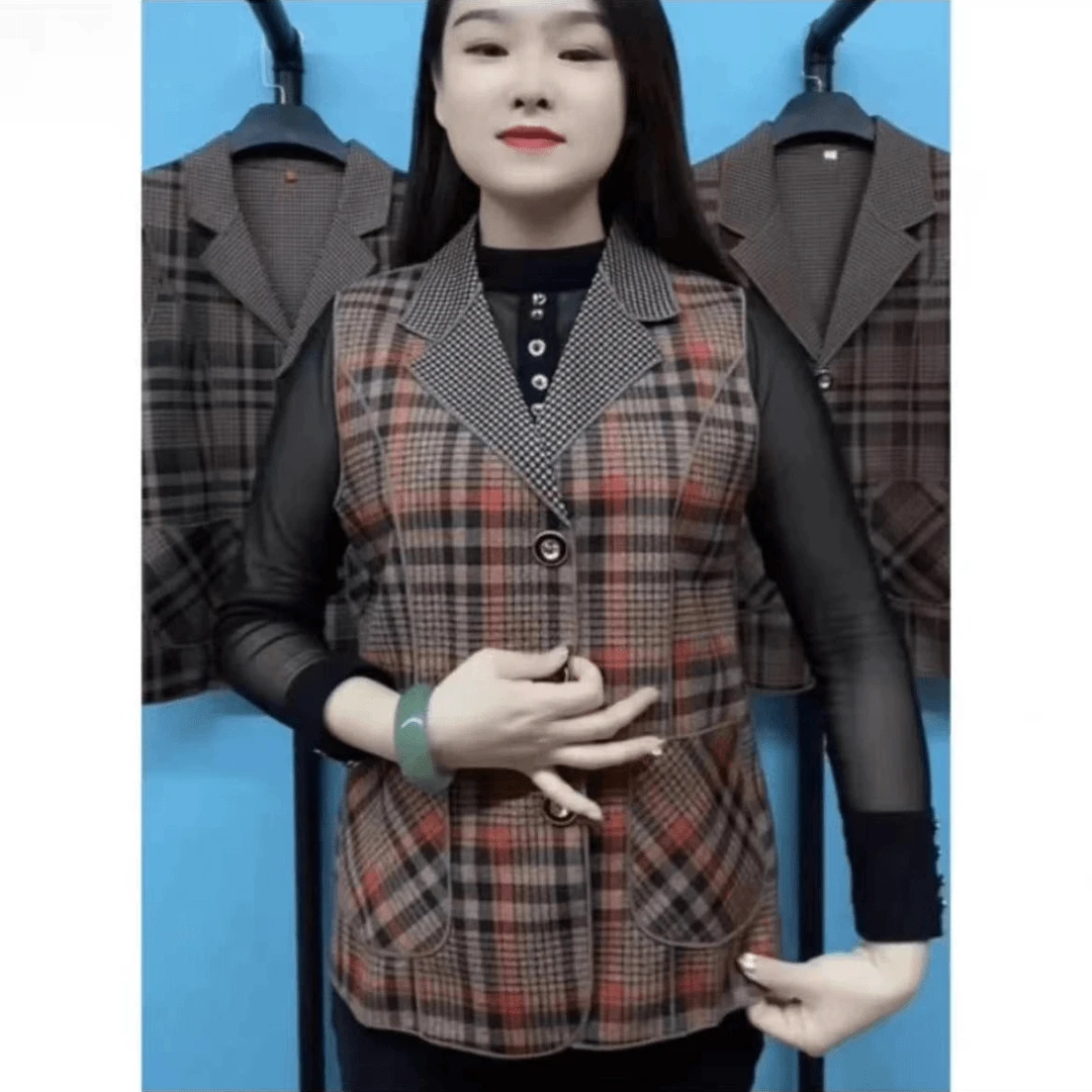 中老年妈妈装格子时尚休闲外穿薄款女士上衣 马甲
