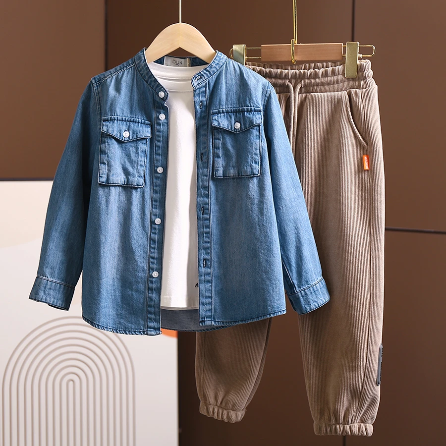 软软的牛仔布~男童衬衫长袖宝宝春秋装2023新款儿童休闲立领外套