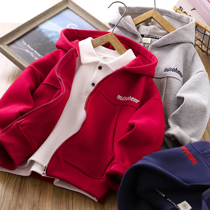 男童加绒外套秋冬连帽运动服2023新款儿童拼接潮酷拉链衫保暖上衣