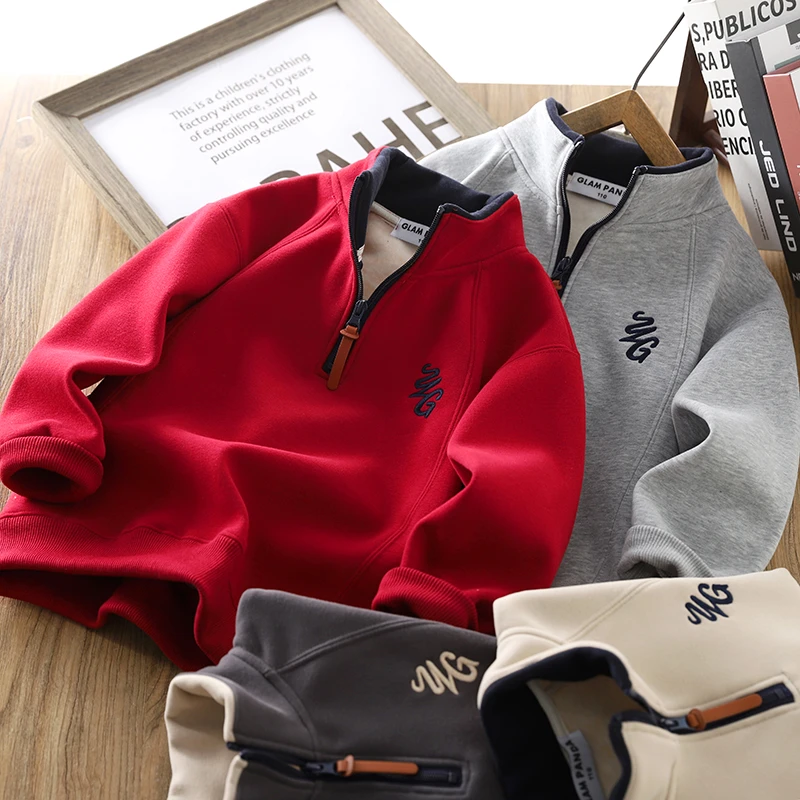 男童加绒卫衣2024冬季新款儿童蚕丝羊绒保暖上衣男孩半拉链打底衫