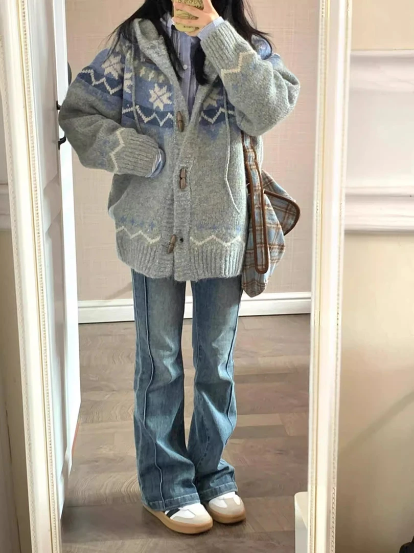 复古氛围感费尔岛连帽毛衣开衫女秋冬宽松慵懒软糯针织衫上衣外套