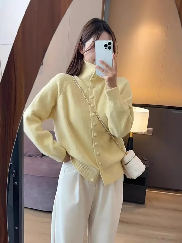 超好看黄色高领毛衣开衫女2025新款秋冬季加厚宽松慵懒风针织外套