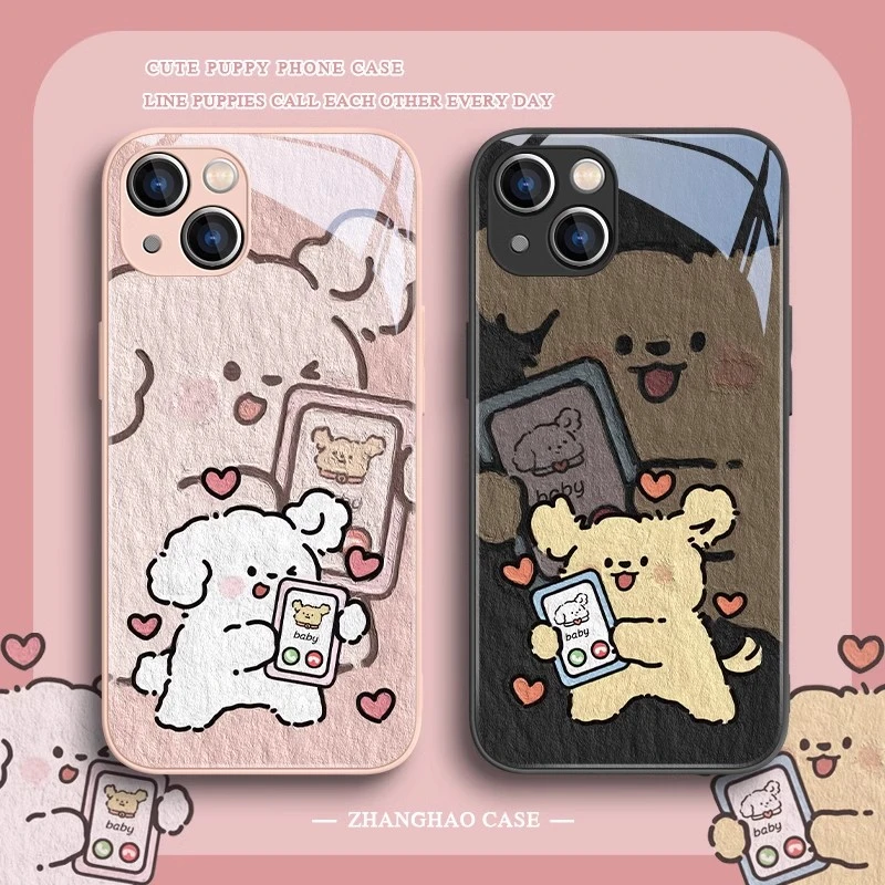 适用苹果17prom华为荣耀小米oppovivo玻璃可爱小狗情侣新款手机壳