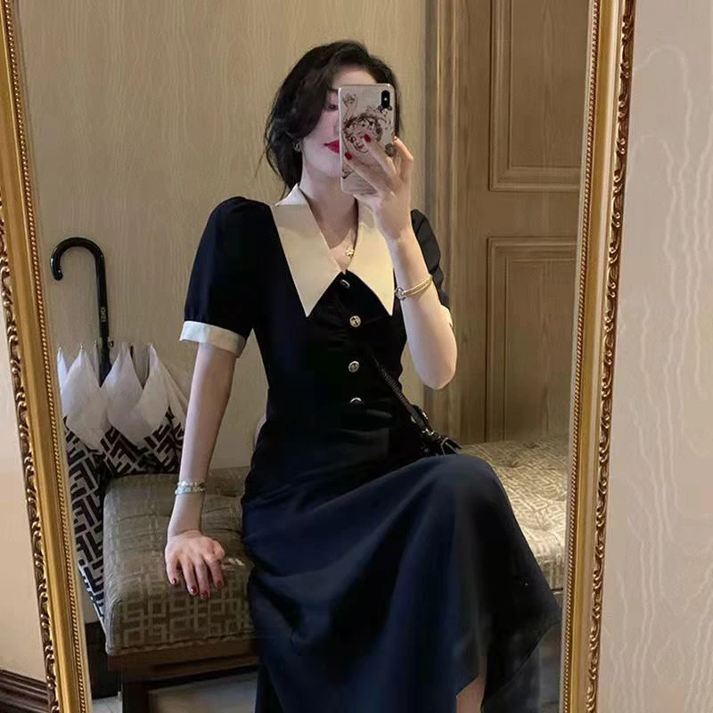 宝藏衣橱A纯色黑色连衣裙气质显瘦夏季设计感收腰复古裙子女8061