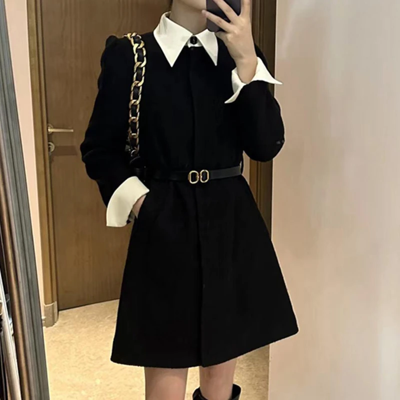 高级感小香风裙子黑色假两件连衣裙2025秋季新款气质小黑裙2064