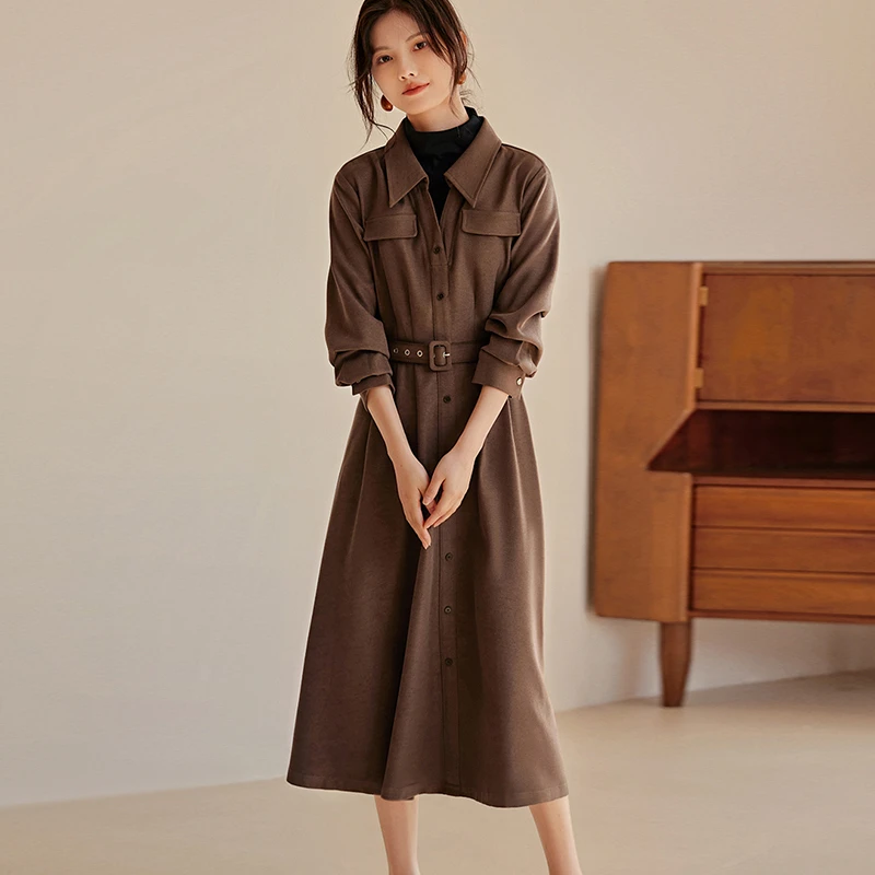 美拉德复古V领绒感连衣裙女正式场合收腰显瘦衬衫裙6325