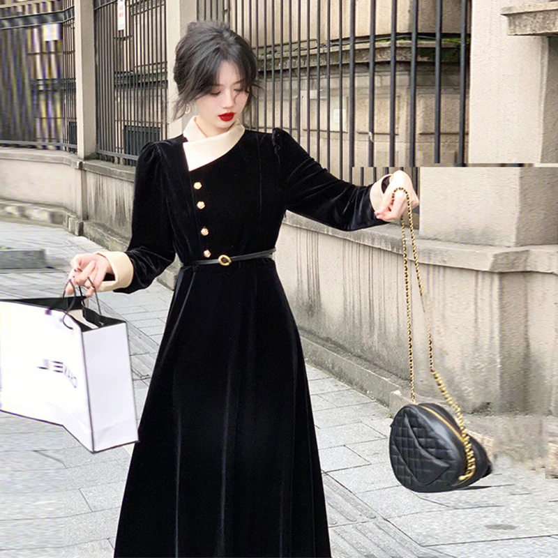 法式漂亮富家小千金坠感内搭茶系穿搭黑色连衣裙子7863