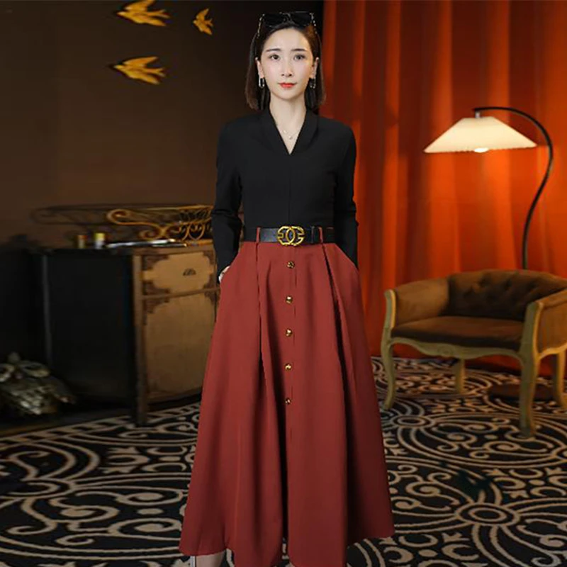 2025春秋新款女装连衣裙收腰褶皱裙子显瘦气质时尚长裙子2086