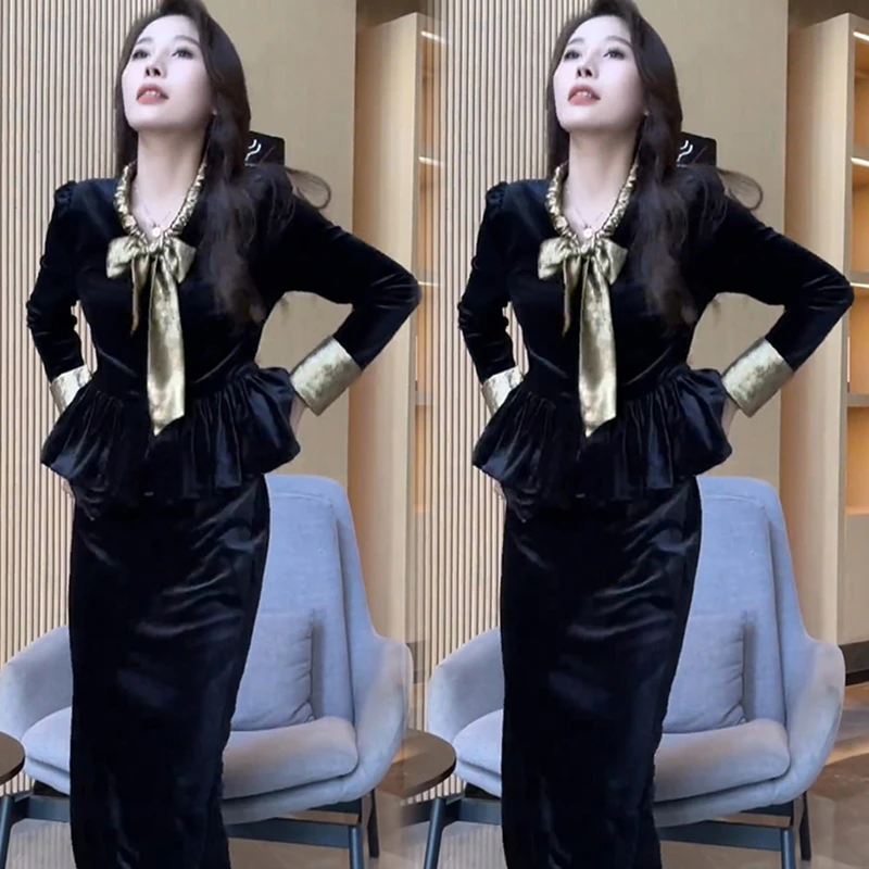 【两件套】2025秋季新长袖显瘦气质时尚修身蝴蝶结荷叶边套装裙2319