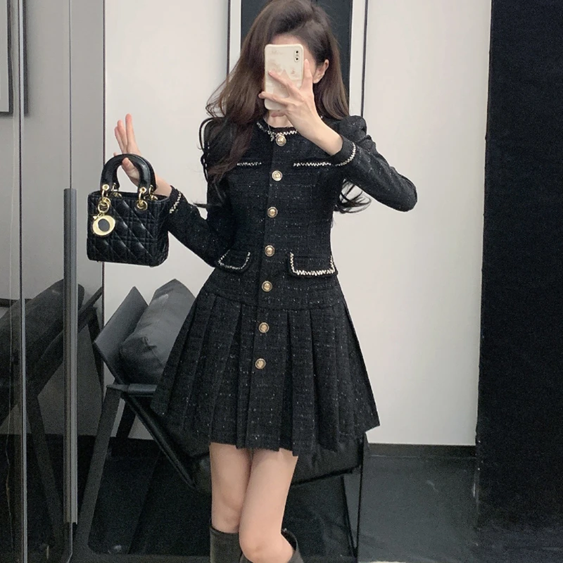 法式小香风黑色连衣裙新款女高级感气质名媛收腰显瘦裙子A8060