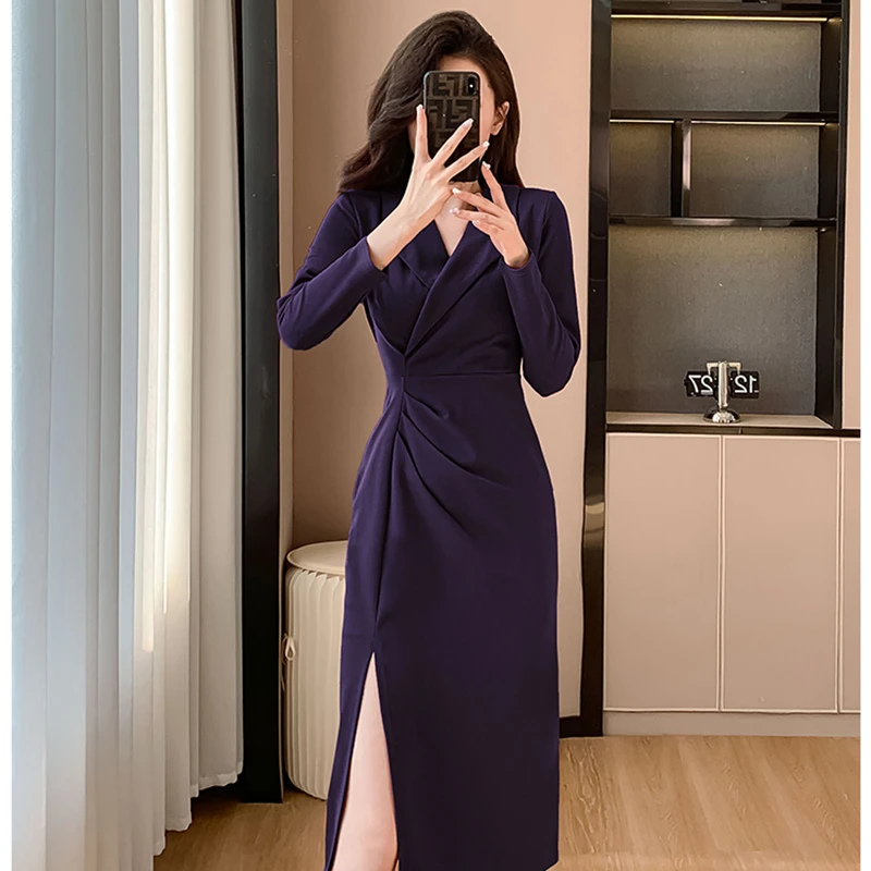 TW法式高级感气质连衣裙2025秋新款收腰显瘦包臀开叉长裙子1895