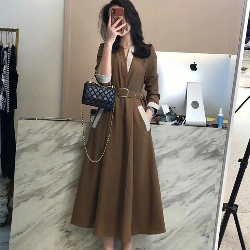 新款2024高级感名媛高端西装气质女神范小香风咖色长袖连衣裙7503