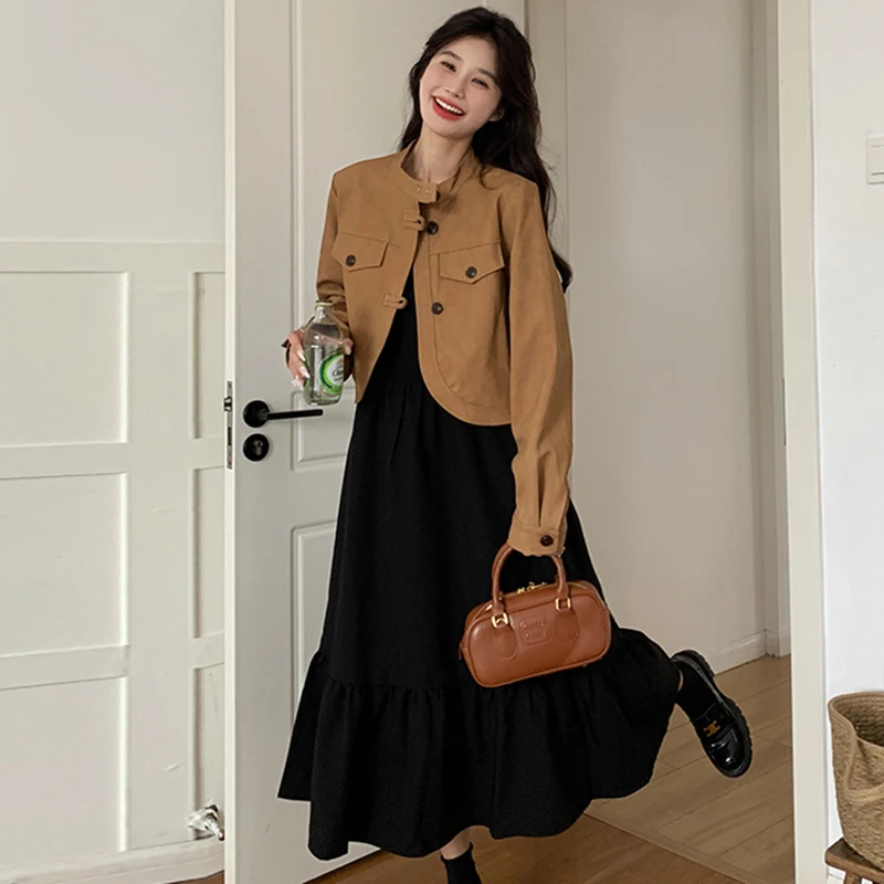 【两件套】美拉德短外套连衣裙女2025新秋盐系穿搭显瘦气质长裙1790