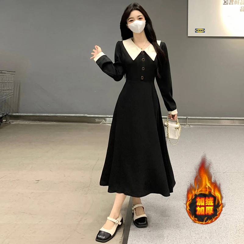 加绒加厚长袖赫本风连衣裙女气质新款小黑裙8859