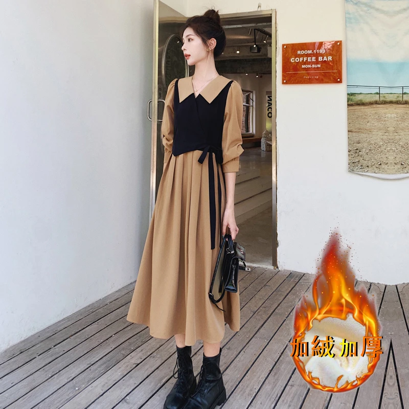 加绒加厚长袖假两件连衣裙女新款气质显瘦长裙8857