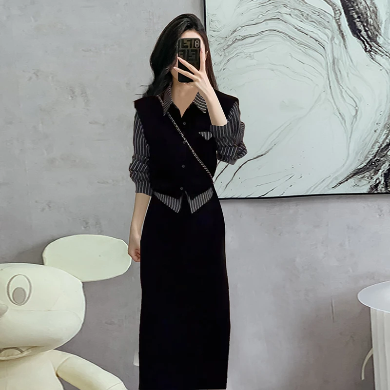 【两件套】女秋季新款时髦显瘦高级条纹半身裙两件套2330