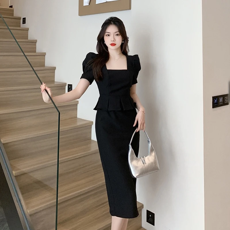【沐紫】黑色连衣裙女2025夏季新款方领赫本风假两件通勤长裙9616