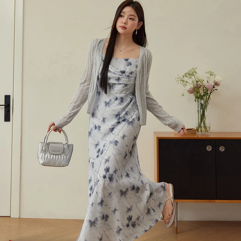 【大码】【两件套】气质吊带连衣裙开衫夏季法式复古收腰女裙子B8122