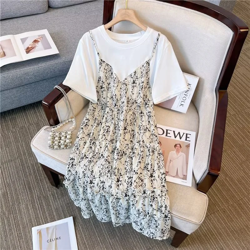 【大码】法式碎花连衣裙女夏装新款设计感圆领小众长款长裙B8015