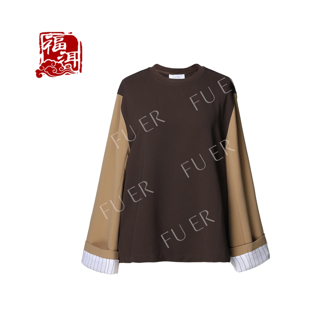 福洱新中式复古拼色衬衫螺纹圆领长袖上衣百搭宽松时尚女装302049