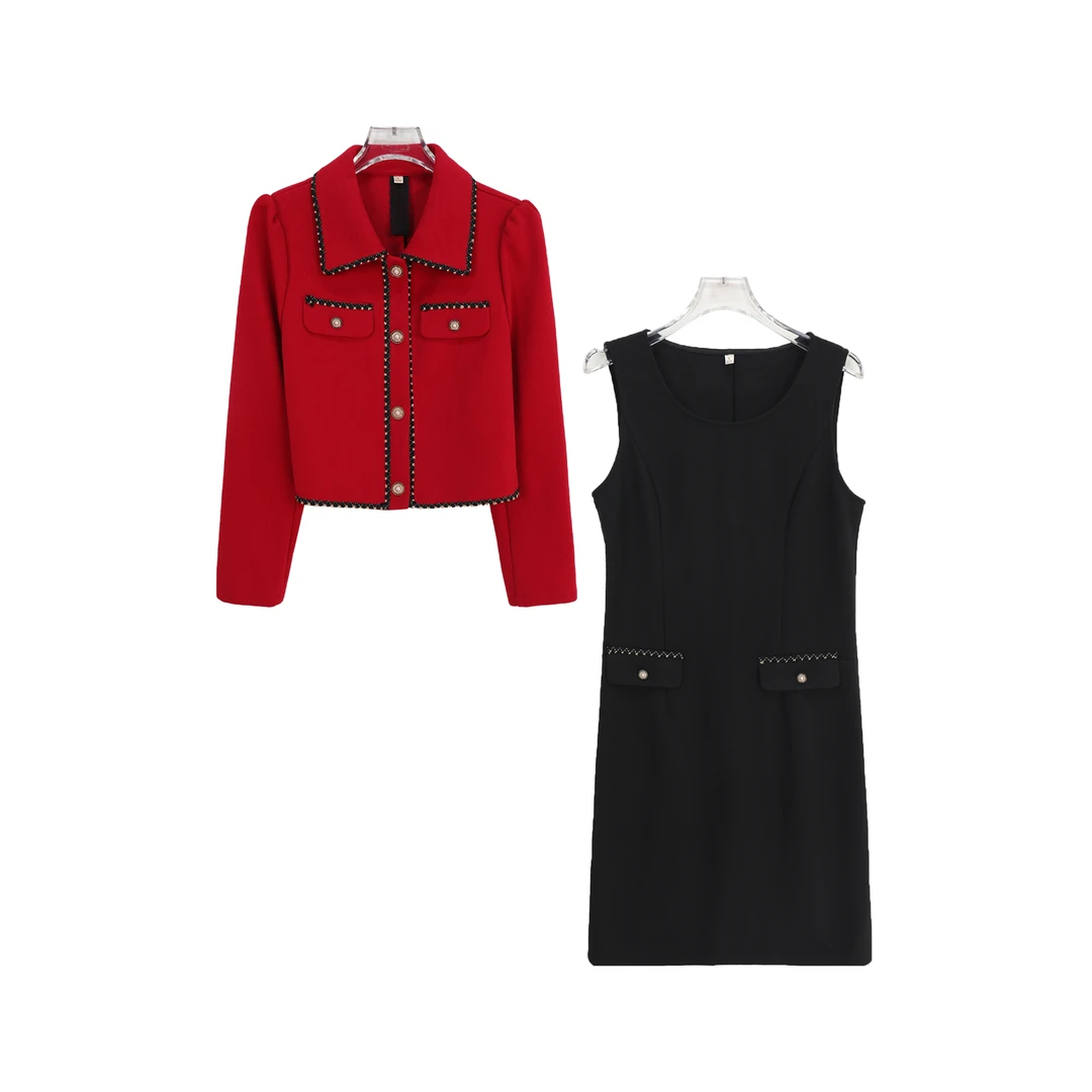 小香风修身短外套法式通勤优雅连衣裙套装S1034