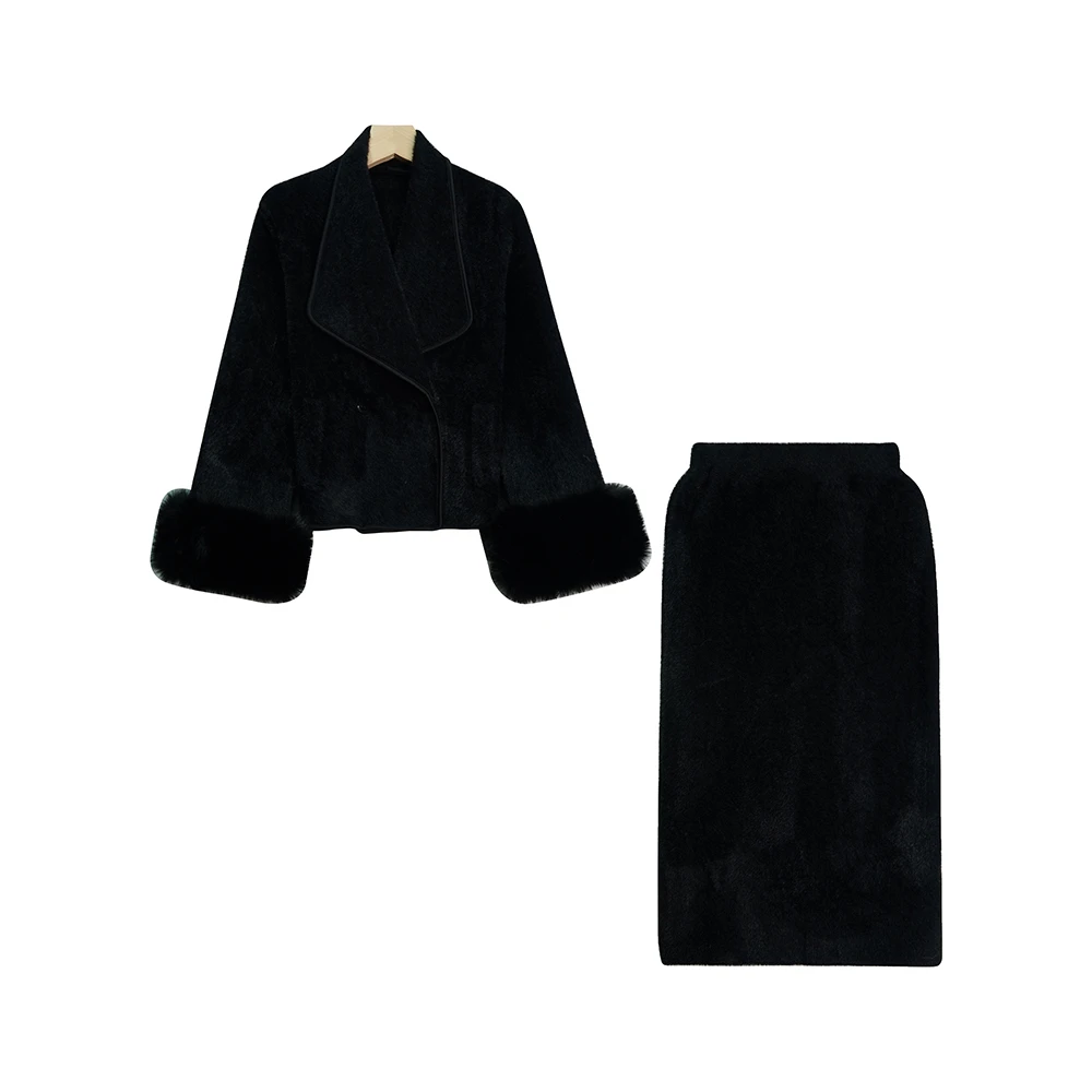 X8082【上新】气质名媛高级感毛毛拼接袖翻领开衫半身裙两件套3D