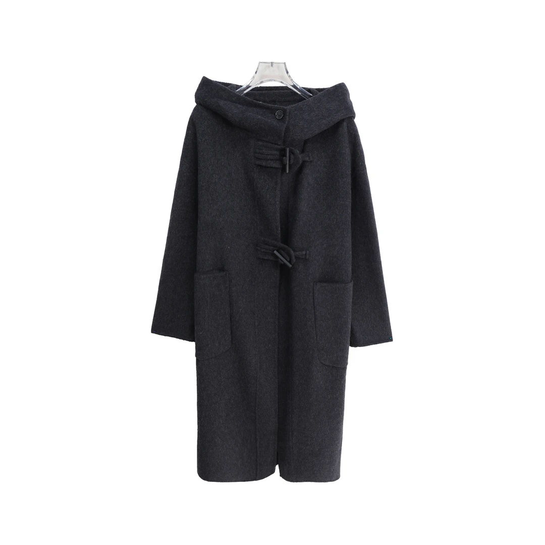 连帽休闲减龄牛角扣百搭秋冬毛呢外套DY2489