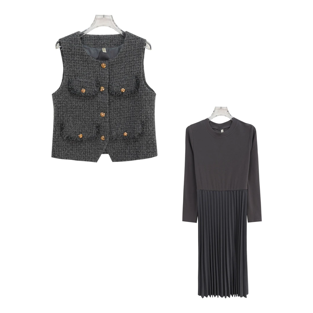 秋季新款小香风马夹拼接长袖连衣裙套装S1154