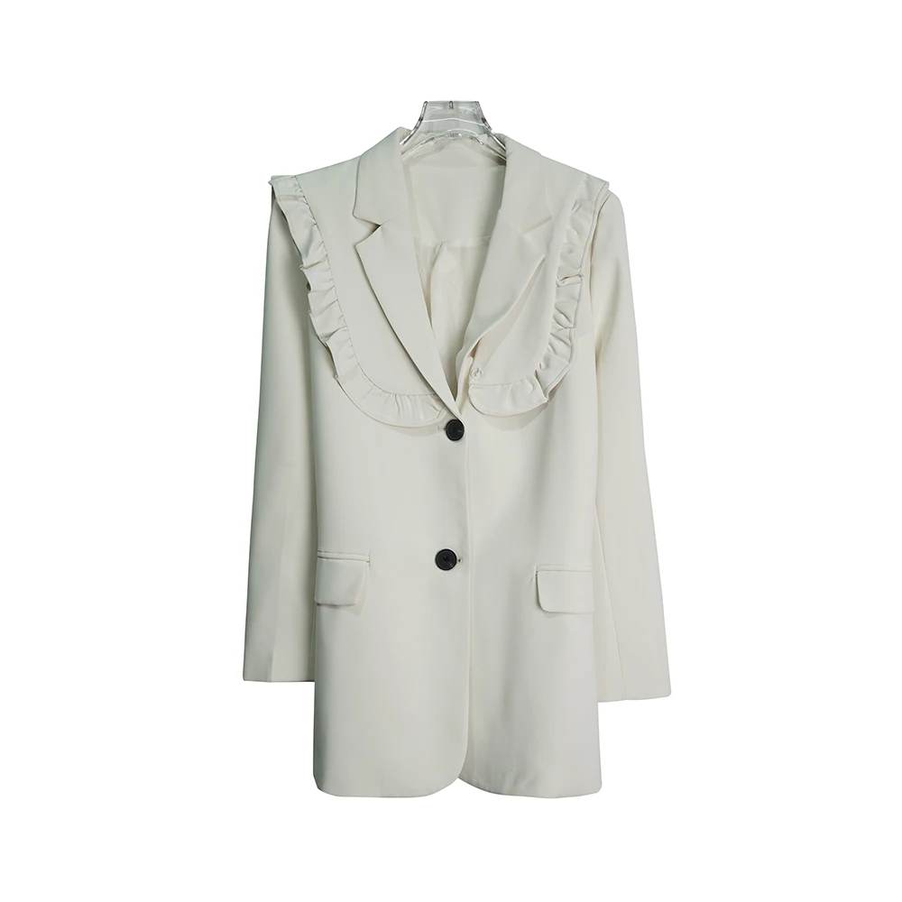 X21025【上新】时尚米白色木耳边可拆卸披肩气质宽松西服外套休闲