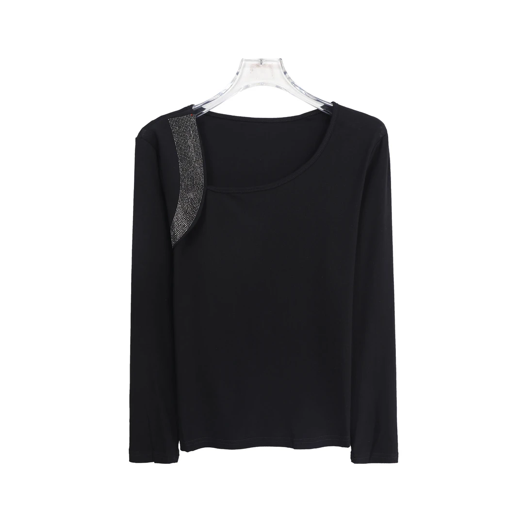 气质拼接修身烫钻设计感长袖T恤衫洋气百搭上衣S3387